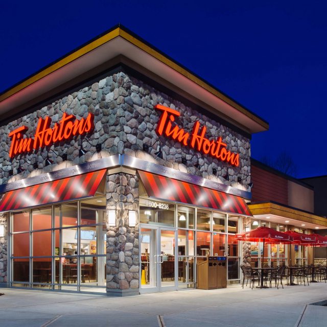 Tim Horton's Exterior at Night by Summit Brooke Construction